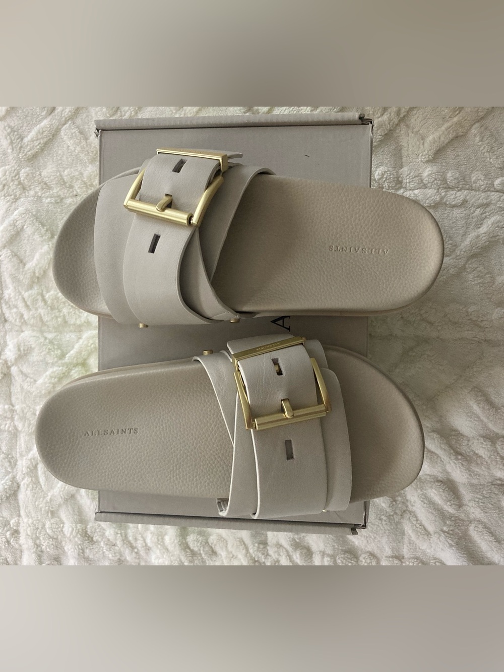 Ellie Wide-Band Slide Sandals with Gold Buckles in Light Beige